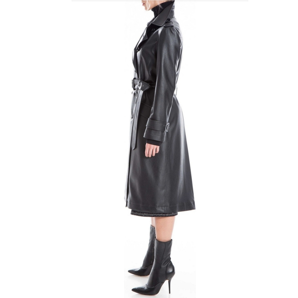 MAX STUDIO Faux Leather Black Long Double Breasted Belted Trench Coat XL - Picture 3 of 11